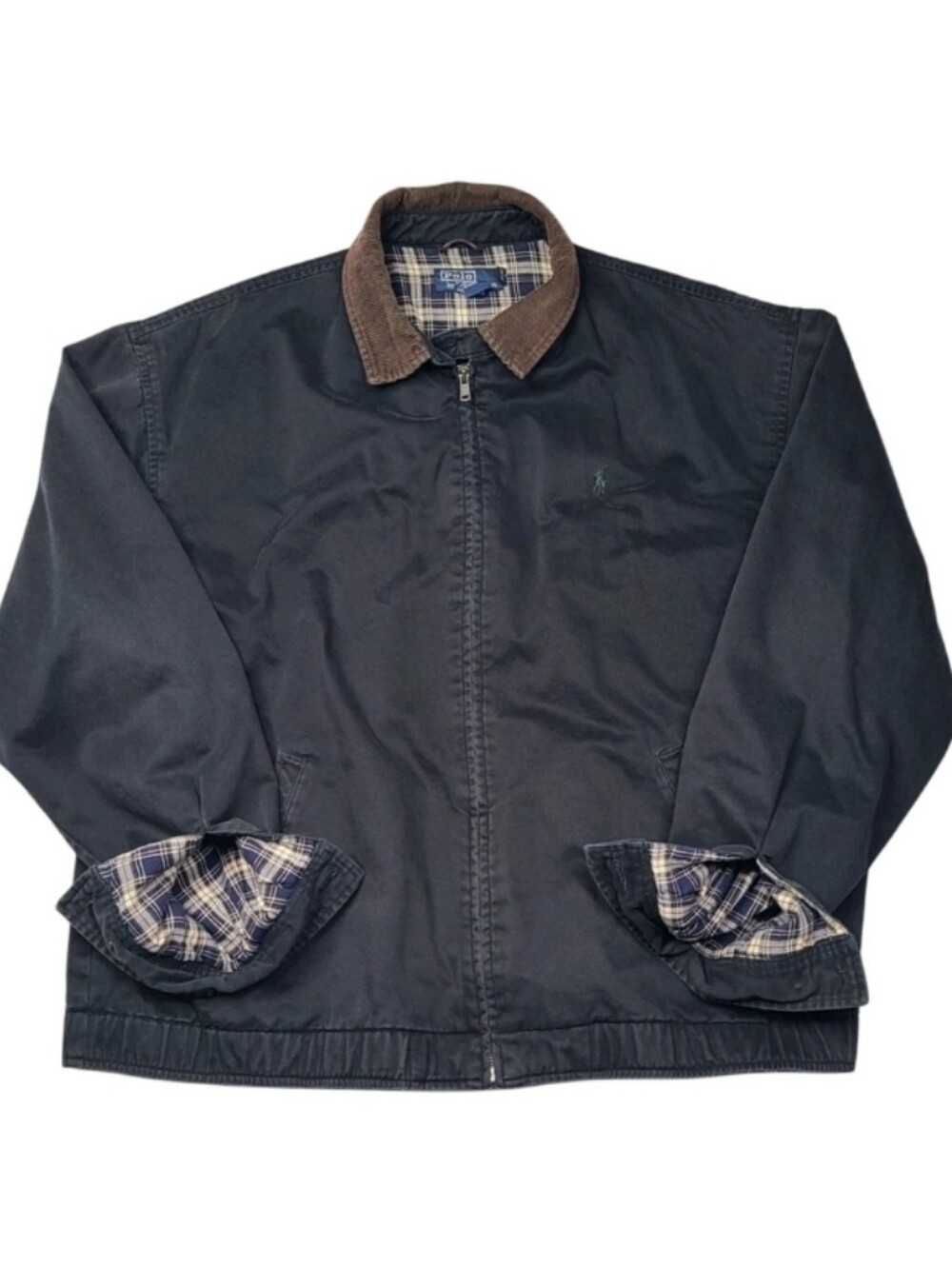 Vtg 90s Polo Ralph Lauren Black Harrington Jacket Sz XL Plaid Lined Canvas Twill
